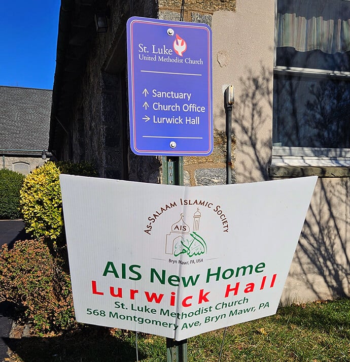 Signage outside of St. Luke United Methodist Church in Bryn Mawr, Pa., shows that the church building is also a meeting place for the As-Salaam Islamic Society (AIS). Photo by John W. Coleman, UM News.