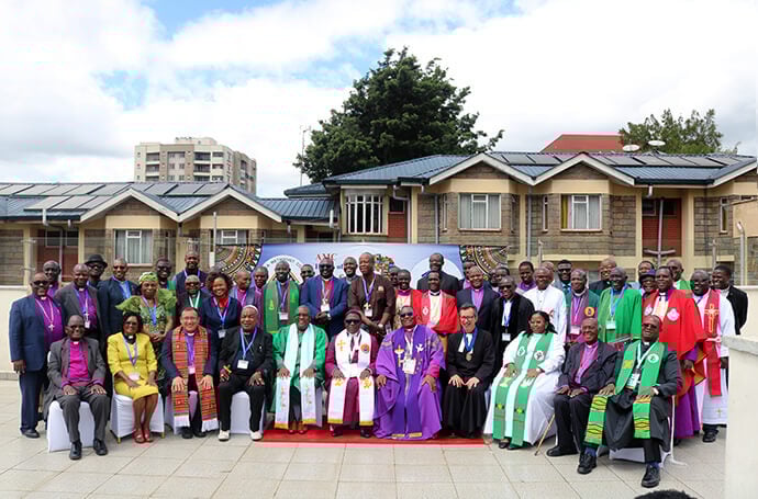 African Methodist church leaders pose for a group photo during the heads of conferences summit held at the Methodist Resort and Conference Center in Nairobi, Kenya. The meeting, organized by the Africa Methodist Council, drew leaders from all Wesleyan denominations on the continent to discuss the future of the Methodist movement. Photo by Eveline Chikwanah, UM News.