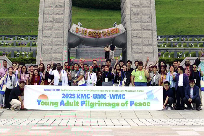 Participants with the 2025 Young Adults Pilgrimage of Peace visit the May 18th Democratic Uprising Memorial Tower at the May 18 Memorial Park in Gwangju, South Korea, on June 24. The pilgrimage, which took place June 23-27, aimed to raise awareness about militarization, promote global peace and justice, and deepen Methodist commitments to reconciliation on the Korean Peninsula. Photo by the Rev. Thomas E. Kim, UM News.