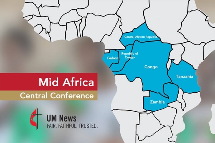A map shows the Mid Africa Central Conference, formerly known as the Congo Central Conference. The central conference is meeting July 10-13 in Kitwe, Zambia. Delegates will elect three bishops, two to succeed retiring bishops and one added to the central conference by last year’s General Conference. Graphic by Ben Ward, UM News. A map shows the Mid Africa Central Conference, formerly known as the Congo Central Conference. The central conference is meeting July 10-13 in Kitwe, Zambia. Delegates will elect three bishops, two to succeed retiring bishops and one added to the central conference by last year’s General Conference. Graphic by Ben Ward, UM News.