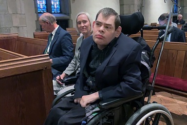 Powell Richardson and his family sit in a special row in the sanctuary of Church Street United Methodist in Knoxville, Tenn. Church Street recently added designated spaces to better accommodate persons in wheelchairs. Photo from video by Lilla Marigza, UM News. Powell Richardson and his family sit in a special row in the sanctuary of Church Street United Methodist in Knoxville, Tenn. Church Street recently added designated spaces to better accommodate persons in wheelchairs. Photo from video by Lilla Marigza, UM News.