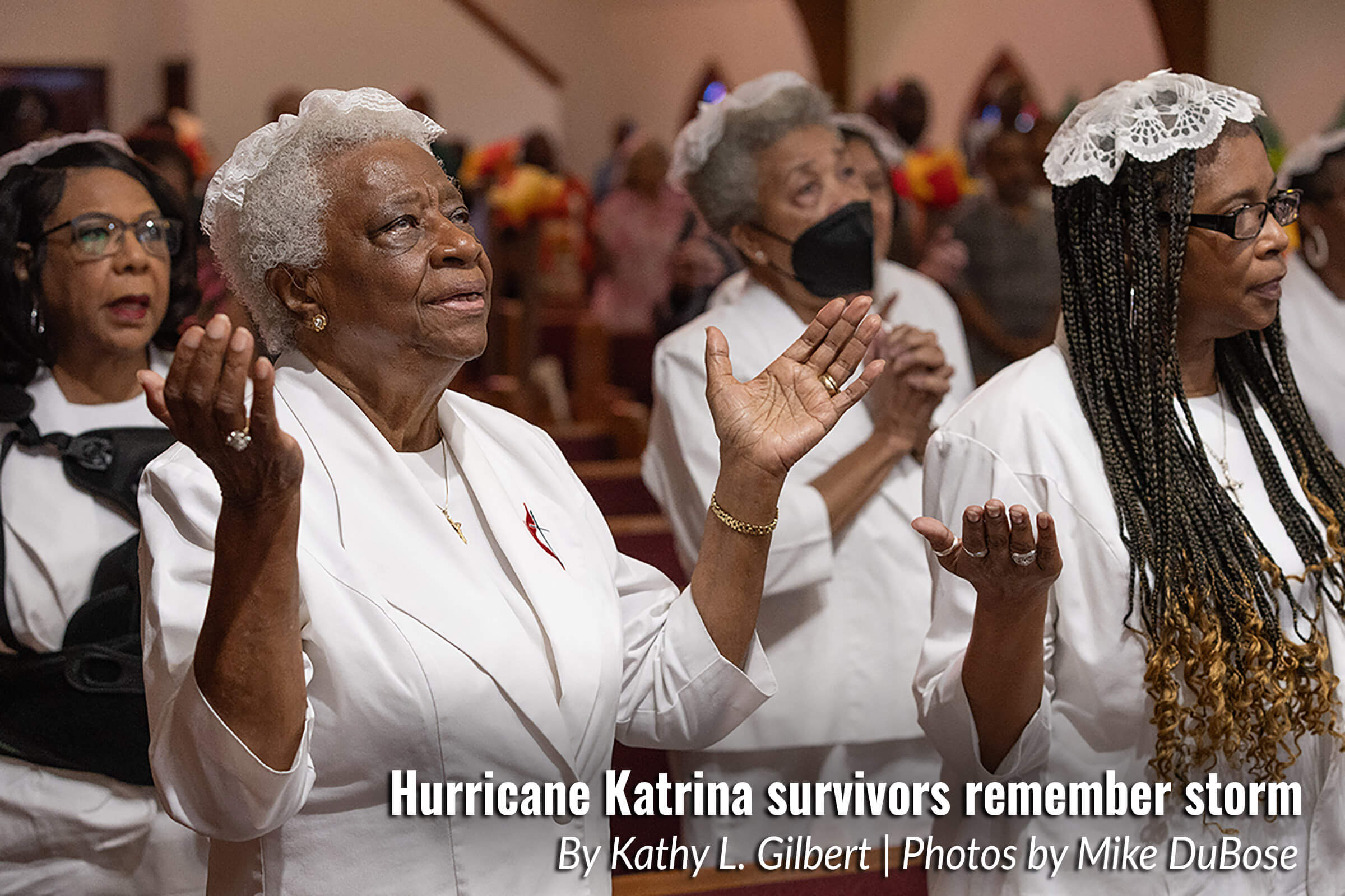 Atha Brown (left, front) joins with other communion stewards in praise during worship at Hartzell Mt. Zion United Methodist Church in Slidell, La. Photo by Mike DuBose, UM News. Atha Brown (left, front) joins with other communion stewards in praise during worship at Hartzell Mt. Zion United Methodist Church in Slidell, La. Photo by Mike DuBose, UM News.