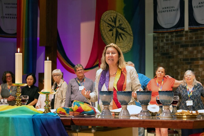 Mountain Sky Conference Bishop Kristin Stoneking gives the benediction at the closing worship of Reconciling Ministries Network’s convocation held at First United Methodist Church in downtown Madison, Wis. The July 24-27 convocation, with the theme “Uncharted,” celebrated the removal of denomination-wide restrictions targeting LGBTQ people and also acknowledged the challenges ahead in a new denominational landscape. Photo by Joscie Cutchens, UM News. Mountain Sky Conference Bishop Kristin Stoneking gives the benediction at the closing worship of Reconciling Ministries Network’s convocation held at First United Methodist Church in downtown Madison, Wis. The July 24-27 convocation, with the theme “Uncharted,” celebrated the removal of denomination-wide restrictions targeting LGBTQ people and also acknowledged the challenges ahead in a new denominational landscape. Photo by Joscie Cutchens, UM News.