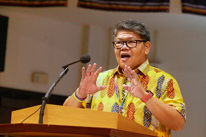 The Rev. Israel “Izzy” Alvaran, the Reconciling Ministries Network’s director of United Methodist connections, speaks during the talks about the need for LGBTQ advocates to build relationships across The United Methodist Church’s international connection. Photo by Joscie Cutchens, UM News.