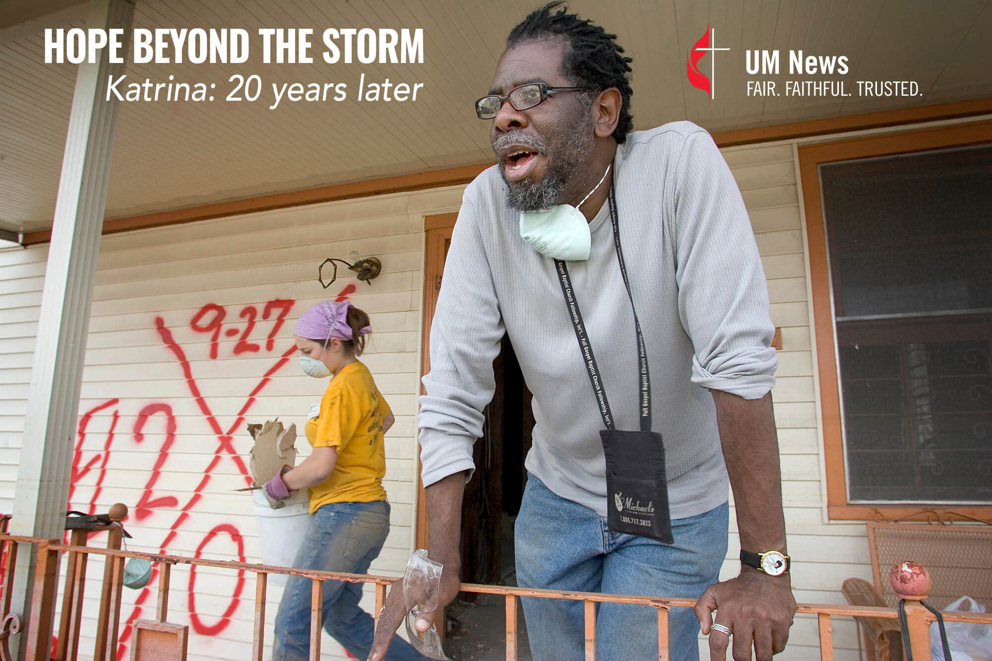E. Dwight Franklin helps with the gutting of his parents’ home in New Orleans six months after Hurricane Katrina. Virginia Tech student Ivy Gorman (background) was part of a team from her school working through the Louisiana United Methodist Storm Recovery Center during their spring vacation. Photo by Mike DuBose, UM News. E. Dwight Franklin helps with the gutting of his parents’ home in New Orleans six months after Hurricane Katrina. Virginia Tech student Ivy Gorman (background) was part of a team from her school working through the Louisiana United Methodist Storm Recovery Center during their spring vacation. Photo by Mike DuBose, UM News.