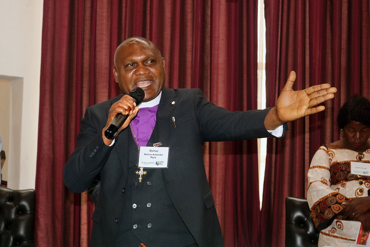 Bishop Nelson Kalombo Ngoy of the Tanganyika Episcopal Area gives the benediction at the close of worship in the Kwang Lim Chapel at Africa University in Zimbabwe during the General Council on Finance and Administration’s Quad Training July 22-23. The training brought together key United Methodist leaders from the African continent to collaborate in charting the denomination’s financial future. Photo by Eveline Chikwanah, UM News.