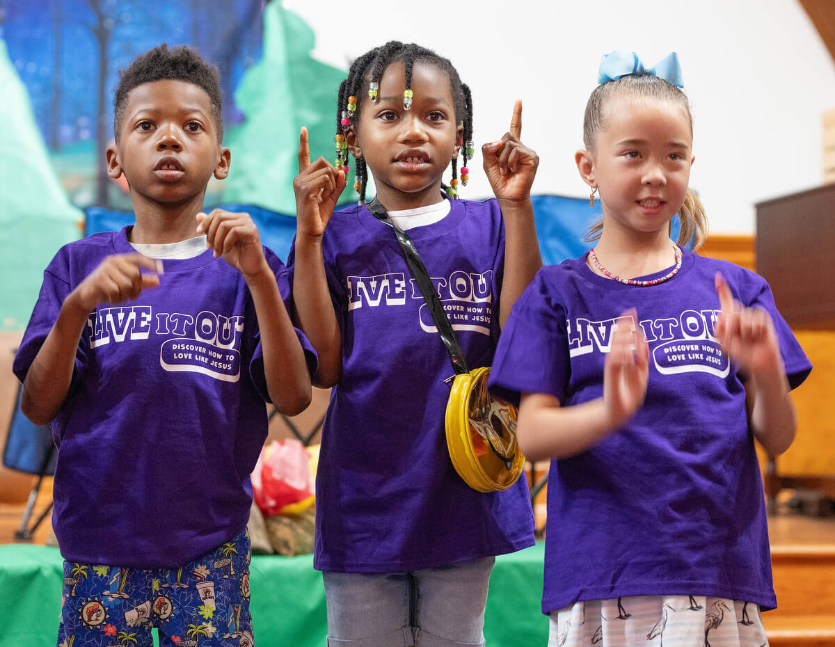 Children perform a skit during vacation Bible school at Hartzell Mt. Zion United Methodist Church. From left are Kobe Nichols, Landry O’neal and Aspen Newberry.