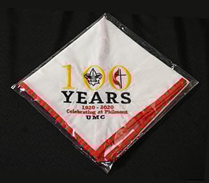 A handkerchief celebrating the relationship of Scouting America with The United Methodist Church is displayed during the 2025 National Men’s and Scouting Ministry Gathering from July 31 to Aug. 3 at Epworth-by-the-Sea, a United Methodist retreat center in St. Simons Island, Ga. Photo by Jim Patterson, UM News.