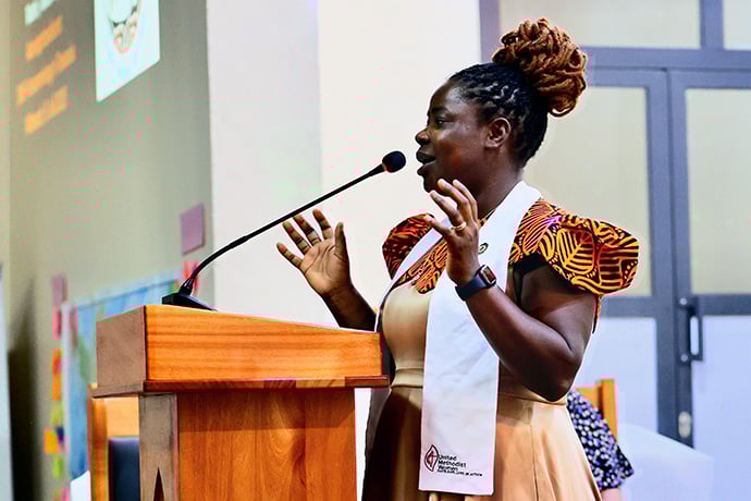 Deaconess Leah Wandera delivers an address during the Africa Region Deaconess/Home Missioner consecration event held July 8-12 in Tanzania. Wandera serves as Africa Region coordinator for the Deaconess/Home Missioner Office, which is supported by United Women in Faith. Photo by Gad Maiga, UM News.