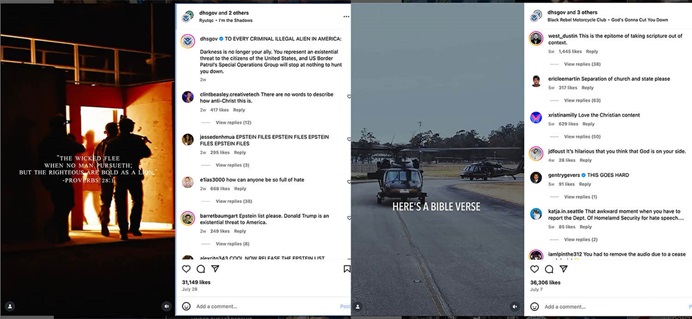 Dos publicaciones en redes sociales del Departamento de Seguridad Nacional de Estados Unidos en julio de 2025 con referencias bíblicas y reacciones.  Dos publicaciones en redes sociales del Departamento de Seguridad Nacional de Estados Unidos en julio de 2025 con referencias bíblicas y reacciones.