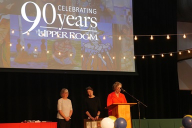 Shirley Watkins, a member of Travis Park United Methodist Church in San Antonio, Texas, addresses the 90th anniversary celebration of The Upper Room on Aug. 21 at The Loveless Cafe in Nashville, Tenn. Watkins was one of three representatives from Travis Park, where the idea for The Upper Room devotional was born. Photo by Laura Buchanan, UM News. Shirley Watkins, a member of Travis Park United Methodist Church in San Antonio, Texas, addresses the 90th anniversary celebration of The Upper Room on Aug. 21 at The Loveless Cafe in Nashville, Tenn. Watkins was one of three representatives from Travis Park, where the idea for The Upper Room devotional was born. Photo by Laura Buchanan, UM News.