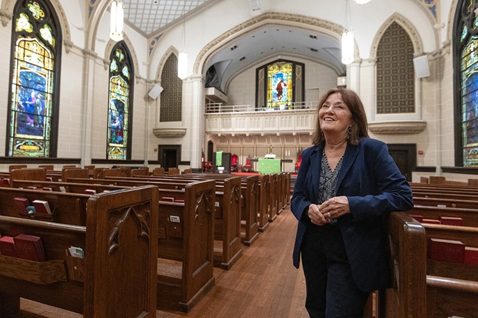 The Rev. Callie Winn Crawford describes the process of reopening and restoring Rayne Memorial United Methodist Church in New Orleans after Hurricane Katrina struck in 2005, sending the 60-foot steeple crashing through the roof. Crawford said the church hosted volunteer teams for almost three years. Photo by Mike DuBose, UM News. The Rev. Callie Winn Crawford describes the process of reopening and restoring Rayne Memorial United Methodist Church in New Orleans after Hurricane Katrina struck in 2005, sending the 60-foot steeple crashing through the roof. Crawford said the church hosted volunteer teams for almost three years. Photo by Mike DuBose, UM News.