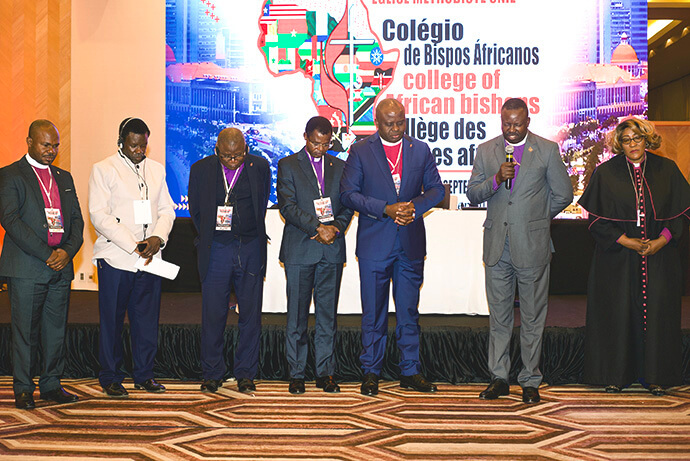Bishops pray during the Africa Colleges of Bishops meeting in Luanda, Angola. Africa has 14 active bishops, nine of whom were elected to the episcopacy in the past year. Photo by Geraldo Martins, West Angola Conference.