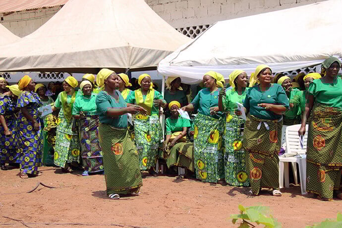 United Methodist women in traditional dress celebrate Bishop Nelson Kalombo Ngoy’s installation as leader of the Tanganyika Episcopal Area. Ngoy called the creation of the area a “prophetic act” that will strengthen pastoral presence and community development in southeastern Congo. Photo by Chadrack Tambwe Londe, UM News.