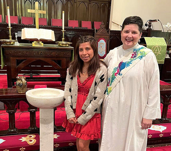 The Rev. Laura McMasters (right) stands with Shelya Zambrano, the first person McMasters has baptized. Zambrano, a University of Tennessee Southern student, got involved two years ago with the Wesley Foundation and the ministries at First United Methodist Church in Pulaski, Tennessee. McMasters is the church’s minister of campus and community engagement, but as a deacon, she was not authorized to officiate at the sacraments on her own until this year. Photo courtesy of the Rev. Laura McMasters.