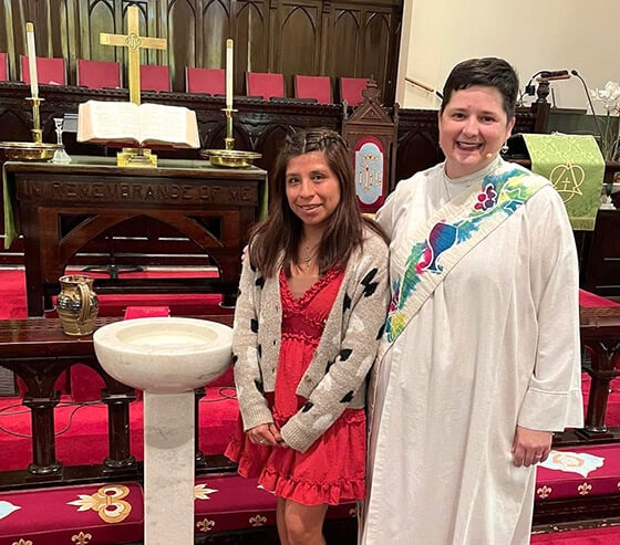 The Rev. Laura McMasters (right) stands with Shelya Zambrano, the first person McMasters has baptized. Zambrano, a University of Tennessee Southern student, got involved two years ago with the Wesley Foundation and the ministries at First United Methodist Church in Pulaski, Tennessee. McMasters is the church’s minister of campus and community engagement, but as a deacon, she was not authorized to officiate at the sacraments on her own until this year. Photo courtesy of the Rev. Laura McMasters.
