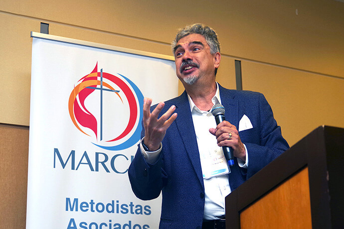 The Rev. Miguel De La Torre, professor of Social Ethics and Latinx Studies at Iliff School of Theology in Denver, delivers a presentation during MARCHA’s annual gathering. He urged participants to maintain a proactive attitude and be willing to confront injustice. Photo by the Rev. Gustavo Vasquez, UM News.