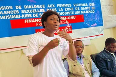 A woman speaks during a dialogue session in Goma, Congo, aimed at helping survivors of sexual violence heal and connect with others facing the same trauma. The workshops are part of a United Methodist program that offers psychological support and vocational training to women affected by violence and insecurity in the region. Photo courtesy of the East Congo Episcopal Area health board. A woman speaks during a dialogue session in Goma, Congo, aimed at helping survivors of sexual violence heal and connect with others facing the same trauma. The workshops are part of a United Methodist program that offers psychological support and vocational training to women affected by violence and insecurity in the region. Photo courtesy of the East Congo Episcopal Area health board.