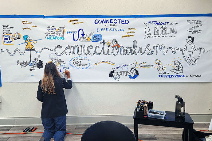 Coté Soerens, visual note-taker at the September summit organized by Wespath to discuss investment practices, helps participants keep track of their conversation. Photo courtesy of Wespath Benefits and Investments