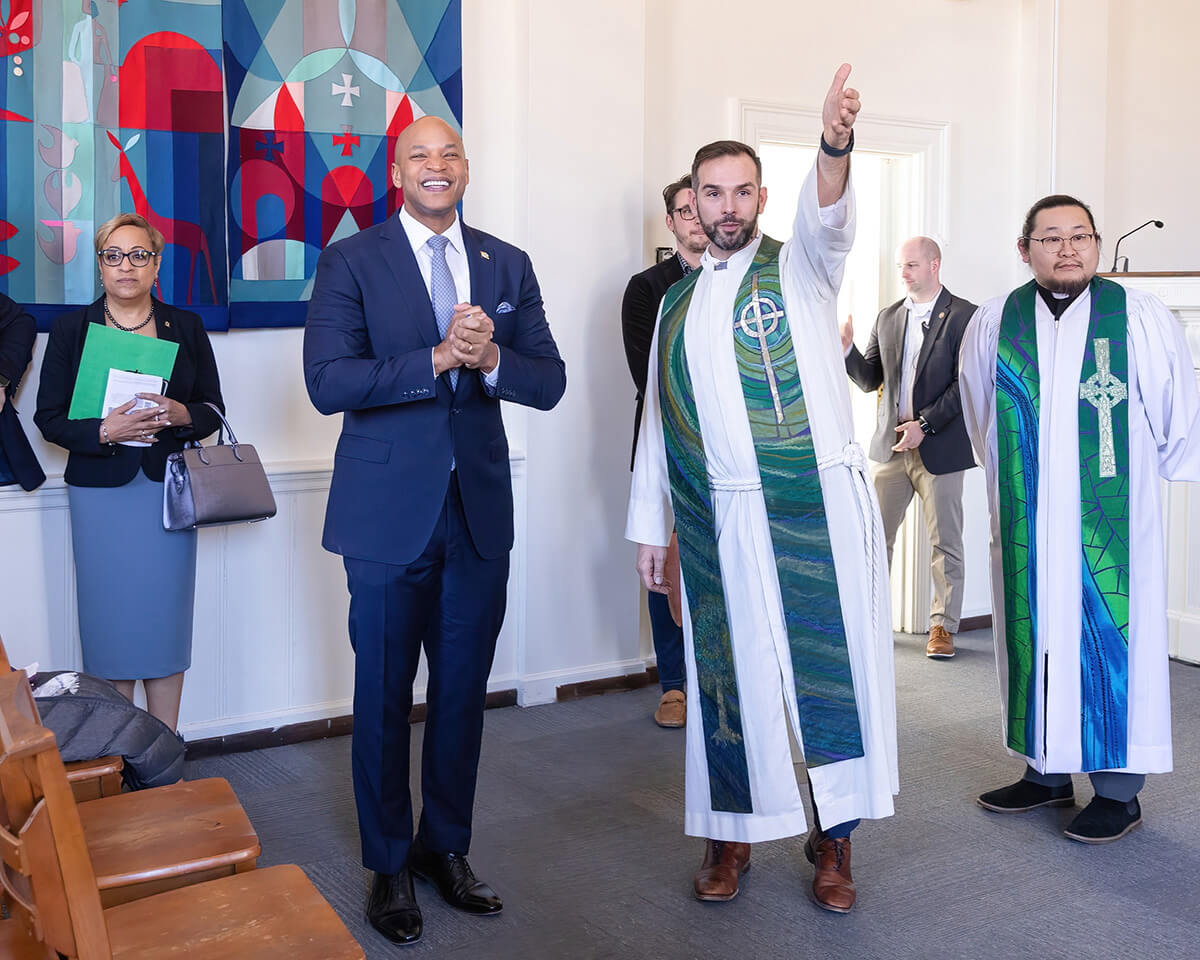 The Rev. Will Ed Green (right), senior pastor of Silver Spring United Methodist Church in Silver Spring, Md., shows part of the church’s facility to Maryland Gov. Wes Moore. Moore visited the church Feb. 23 as part of efforts to promote affordable housing. Photo by Alison Burdett, Baltimore-Washington Conference.