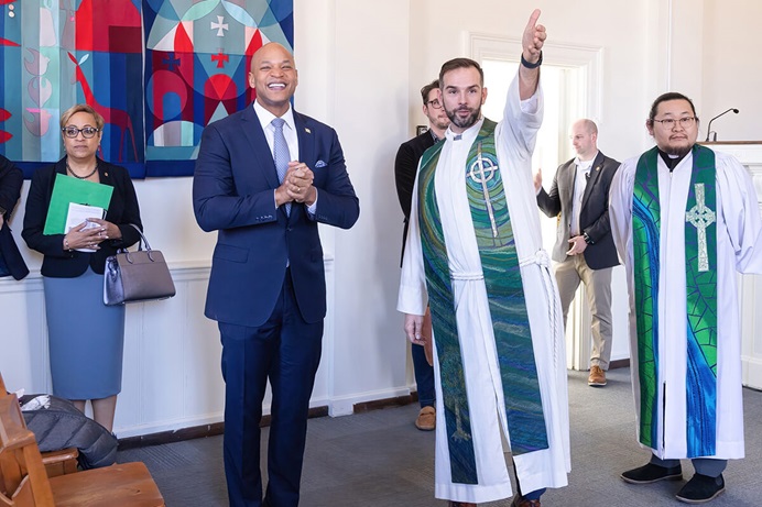 The Rev. Will Ed Green (right), senior pastor of Silver Spring United Methodist Church in Silver Spring, Md., shows part of the church’s facility to Maryland Gov. Wes Moore. Moore visited the church Feb. 23 as part of efforts to promote affordable housing. Photo by Alison Burdett, Baltimore-Washington Conference. The Rev. Will Ed Green (right), senior pastor of Silver Spring United Methodist Church in Silver Spring, Md., shows part of the church’s facility to Maryland Gov. Wes Moore. Moore visited the church Feb. 23 as part of efforts to promote affordable housing. Photo by Alison Burdett, Baltimore-Washington Conference.