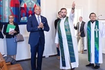 The Rev. Will Ed Green (right), senior pastor of Silver Spring United Methodist Church in Silver Spring, Md., shows part of the church’s facility to Maryland Gov. Wes Moore. Moore visited the church Feb. 23 as part of efforts to promote affordable housing. Photo by Alison Burdett, Baltimore-Washington Conference. The Rev. Will Ed Green (right), senior pastor of Silver Spring United Methodist Church in Silver Spring, Md., shows part of the church’s facility to Maryland Gov. Wes Moore. Moore visited the church Feb. 23 as part of efforts to promote affordable housing. Photo by Alison Burdett, Baltimore-Washington Conference.