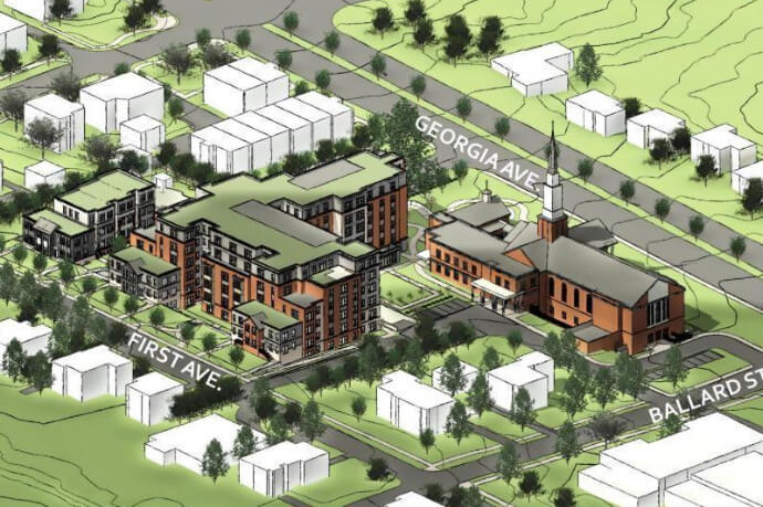 An artistic rendering shows how Silver Spring United Methodist Church plans to convert part of its property, including its current education building, into a 123-unit multifamily residential rental building as well as six single-family townhomes and six duplexes. Rendering courtesy of Silver Spring United Methodist Church.