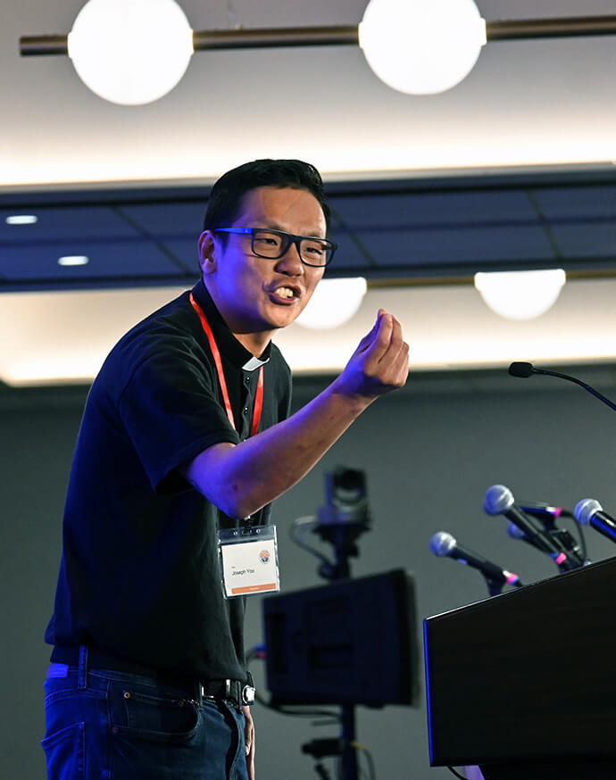 The Rev. Joseph Yoo, an Episcopal priest with a United Methodist background, preaches Nov. 7 at the Facing the Future 2025 conference in Los Angeles. Yoo leads Mosaic Episcopal Church in Pearland, Texas. Photo by Jim Patterson, UM News.