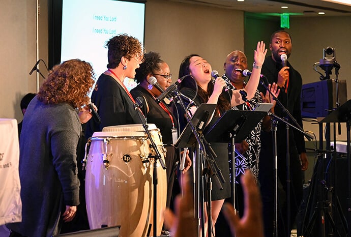 The Facing the Future Praise Team, led by the Rev. Lydia Muñoz, performs at the Facing the Future 2025 conference in Los Angeles. Photo by Jim Patterson, UM News.