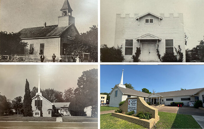 Top left photo: The German Methodist Episcopal Church was built in 1874. The German and Mexican congregations met in this sanctuary from 1874 to 1942. The Methodist Episcopal Church’s South Board of Missions purchased the property, which included the parsonage that served as a sanctuary for the Hispanic congregation. Top right photo: The second church was built in 1942. Later, in 1954, when a new sanctuary was built, this building continued to serve as a meeting hall. Bottom left photo: The third building was constructed in 1954 and remains in use today with some modifications (bottom right photo) and additions, such as the “John Wesley House” and a prayer and meditation garden, which serve the entire community. Photos courtesy of La Trinidad United Methodist Church. Photo composition by the Rev. Gustavo Vasquez, UM News.