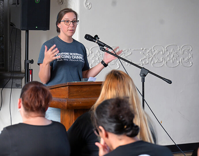 The Rev. Allyssa Graves preaches Sept. 21 during services at Second Chance, a United Methodist ministry specializing in recovery from addictions. The new faith community is one of the success stories of the East and West Ohio conferences, which have made church planting a priority. Photo by Jim Patterson, UM News.