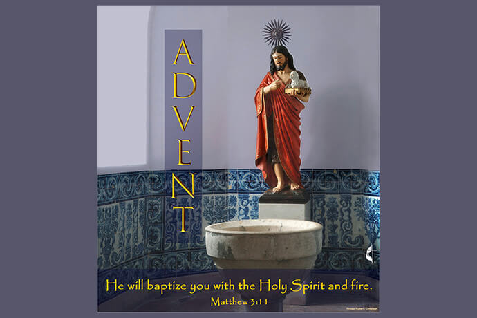 Matthew 3:11. Photo by Philipp Hubert / Unsplash; editing and graphic by Laurens Glass, UM News.