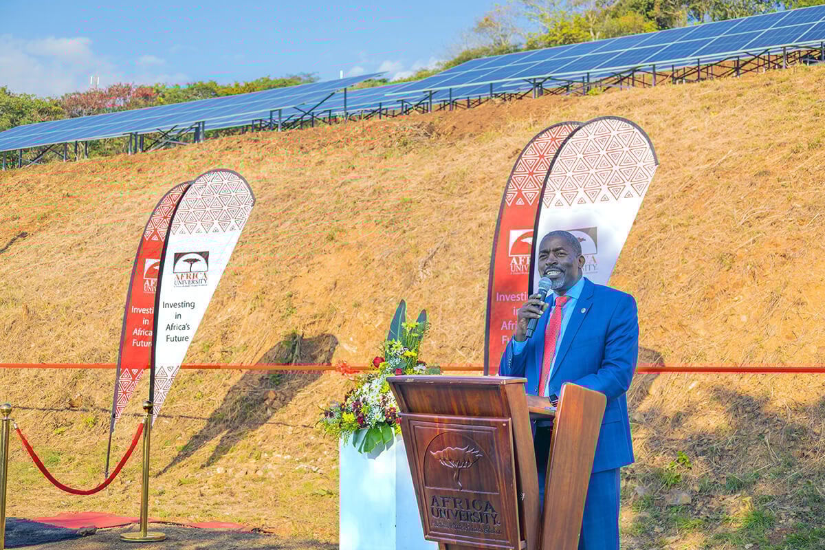 Vice chancellor Peter M. Mageto speaks during the commissioning of the Africa University solar plant in Mutare, Zimbabwe, on June 6. The solar plant represents a new milestone in the university’s quest to harness sustainable green energy and escape power outages affecting the country. Photo by Africa University Public Affairs Office.