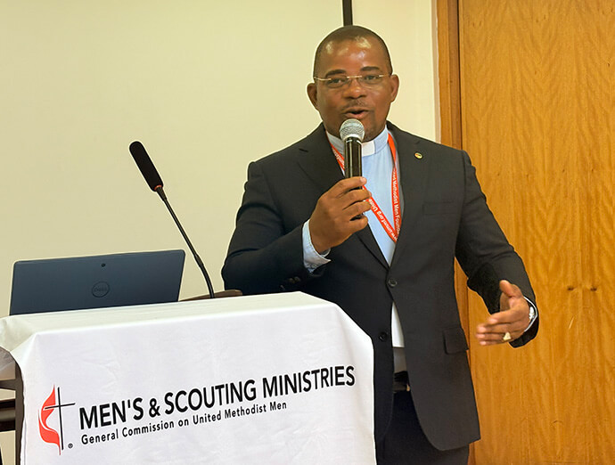 The Rev. Antonio Macilau Vilanculo of Mozambique speaks during the United Methodist Men gathering at Africa University. He said he learned that men’s problems are the same in many countries. Photo by Eveline Chikwanah, UM News.