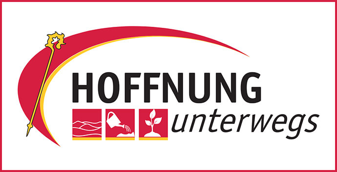 The logo for the “Hope on the Way” campaign features the familiar arc of The United Methodist Church in Germany and shepherd’s staff along with three image panels — desert ground, a watering can and growing tree. Photo courtesy of the Germany Regional Conference.