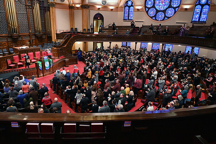 Hundreds of clergy convene at Westminster Presbyterian Church on Jan. 22 in downtown Minneapolis. Some 30 United Methodist pastors were among the 700 faith leaders who came from across the U.S. to join in a peaceful protest on Jan. 23. Photo by Jack Jenkins, Religion News Service.