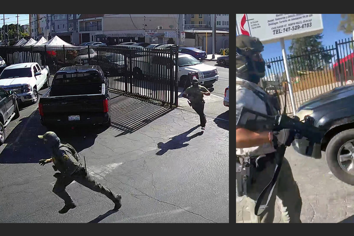U.S. Immigration and Customs Enforcement officers chase Carlos Chavez (not pictured), a Mexican-born member of North Hills United Methodist Church Hispanic Mission in Los Angeles, on Jan. 29 on church property. Chavez was deported shortly thereafter. The ICE raid disrupted a food ministry and mothers and children working in the church garden. Photo courtesy of North Hills Hispanic Mission United Methodist Church.  
