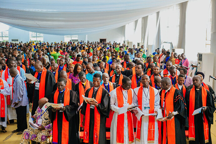 Clergy delegates participate in a historic joint conference session in December at the Jolly Nyame Stadium in Jalingo, Nigeria. The meeting brought together members of the five annual conferences in Nigeria, as well as representatives from the mission districts of Cameroon and Senegal and episcopal leaders from Liberia and Sierra Leone. Photo courtesy of UMCN Communications.