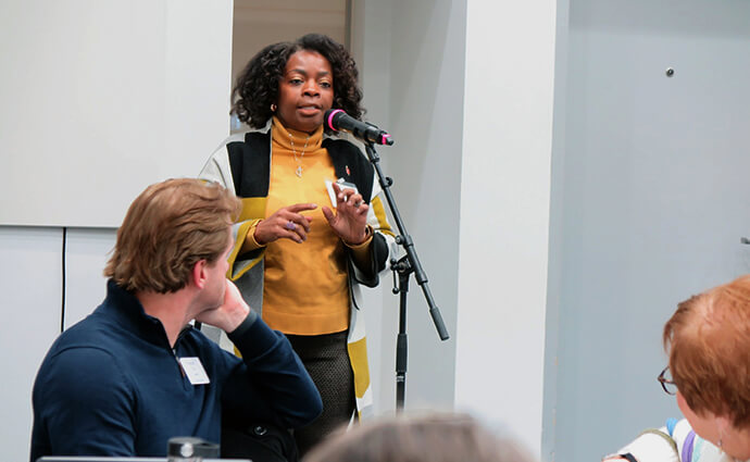 Bishop Cynthia Moore-Koikoi tells international United Methodist leaders, meeting in Copenhagen, Denmark, about the early progress in establishing the new U.S. Regional Conference. Moore-Koikoi, who leads the Eastern Pennsylvania and Greater New Jersey conferences, is the convener of the interim committee that will organize the regional conference’s first meeting. She asked for the church leaders’ prayers and patience in this transitional time. Photo by Heather Hahn, UM News.