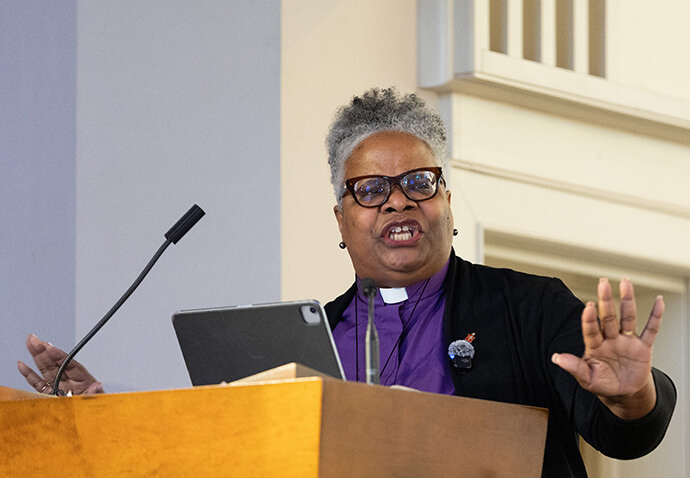 Bishop LaTrelle Easterling gives the sermon during worship for “Faithful Resistance: A Public Witness for Immigrant Justice” at Capitol Hill United Methodist Church in Washington. Photo by Mike DuBose, UM News.