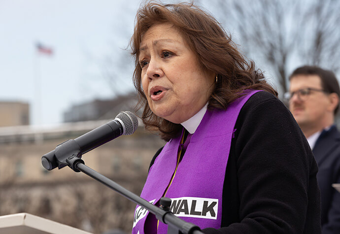 Bishop Minerva Carcaño speaks during “Faithful Resistance: A Public Witness for Immigrant Justice,” at Upper Senate Park in Washington. Photo by Mike DuBose, UM News.