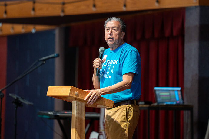 Great Plains Conference Bishop David Wilson speaks about basing today’s decisions on how they will affect people seven generations later. It is a concept developed by Mohawk, Oneida, Onondaga, Cayuga, Seneca and Tuscarora peoples, together known as the Haudenosaunee or the Iroquois Confederacy. Photo by Jim Patterson, UM News.