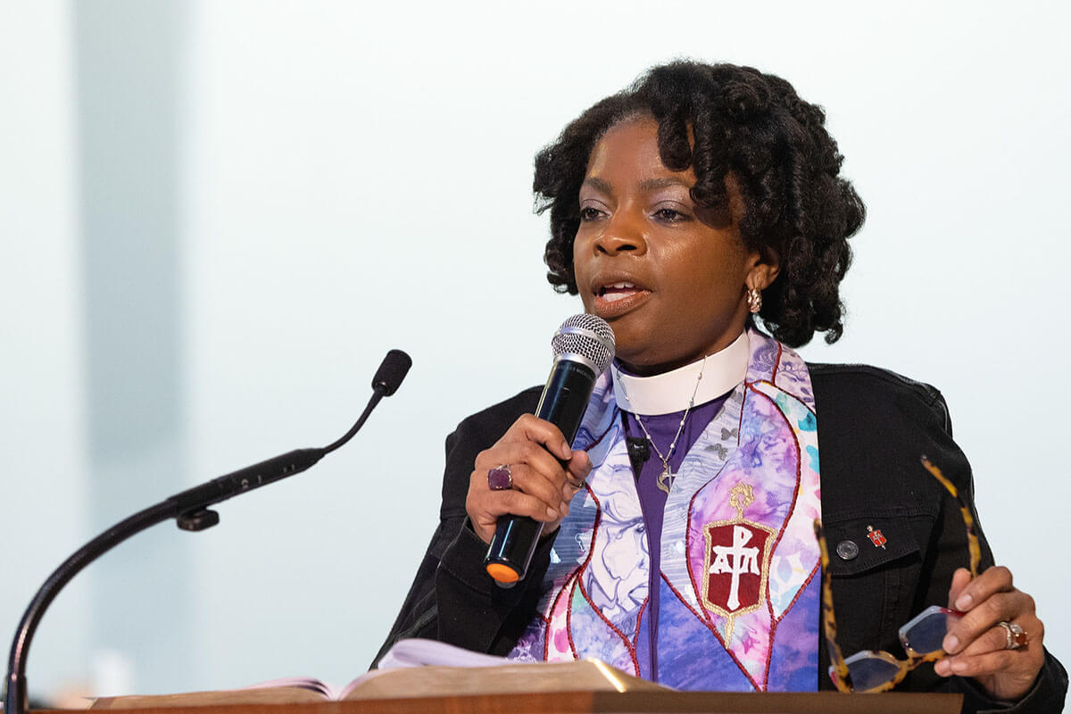 Bishop Cynthia Moore-Koikoi speaks during opening worship for “Faithful Resistance: A Public Witness for Immigrant Justice” on Feb. 25 at Capitol Hill United Methodist Church in Washington. Moore-Koikoi, who leads the Eastern Pennsylvania and Greater New Jersey conferences, is the convener of the interim committee that is organizing the U.S. Regional Conference. Photo by Mike DuBose, UM News.