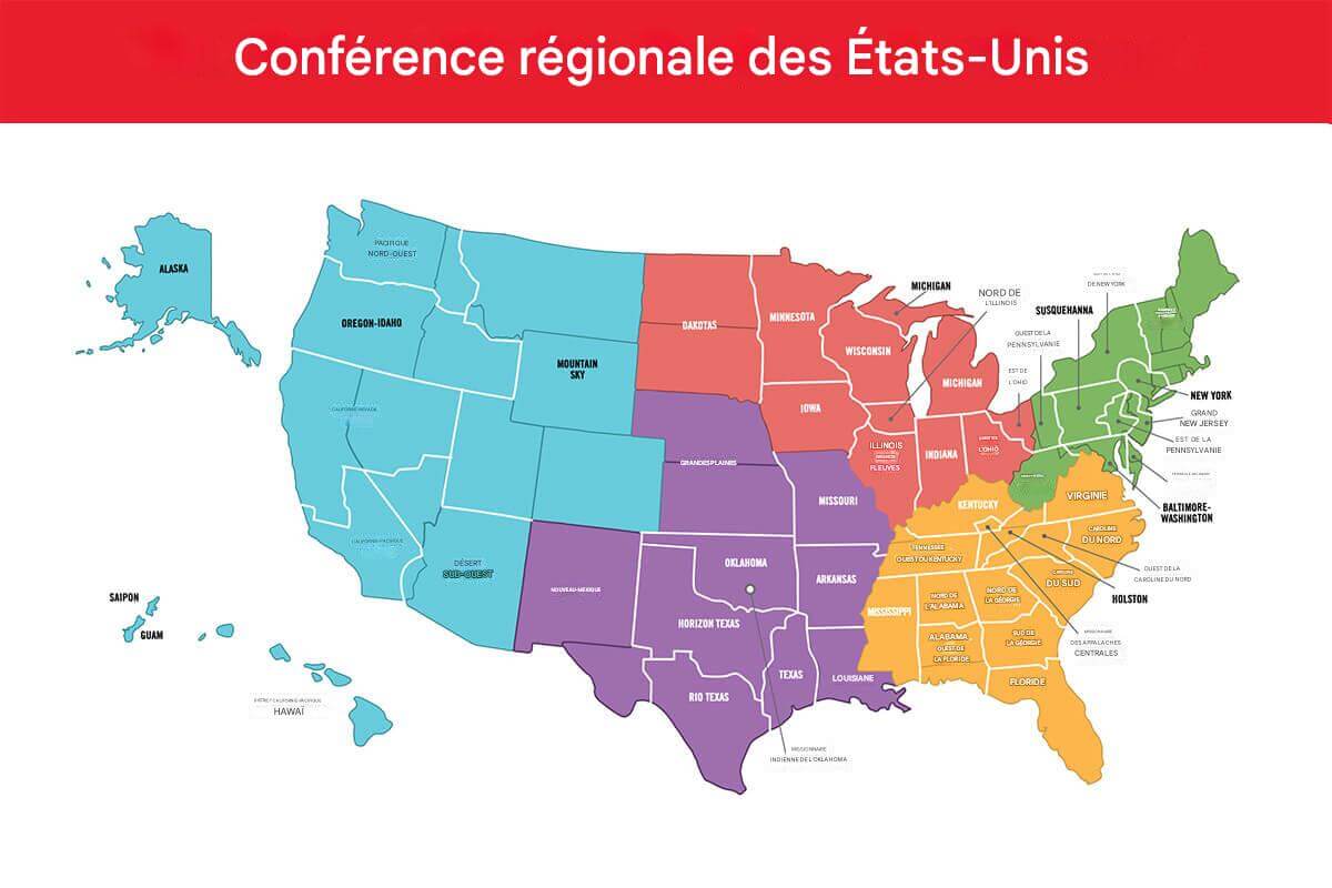 Les cinq juridictions américaines, qui comprennent chacune plusieurs conférences annuelles, ont vu le jour en 1939. Alors que la régionalisation maintient les juridictions actuelles, un groupe de dirigeants méthodistes unis envisage de proposer des modifications à la constitution de la dénomination afin de permettre à chaque conférence régionale, y compris celle des États-Unis, de décider si elle souhaite ou non avoir des juridictions. Carte tirée du Manuel de l'Église Méthodiste Unie 2025-2028, avec l'aimable autorisation de ResourceUMC.