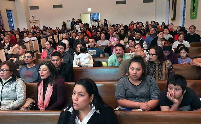 The congregation at Marvin United Methodist Church, also known as Comunidad de Gracia, meets in the sanctuary of its aging building. A grant from neighboring   Sherwood Forest United Methodist Church will help Marvin with maintenance needs. Photo courtesy of Marvin United Methodist Church. 