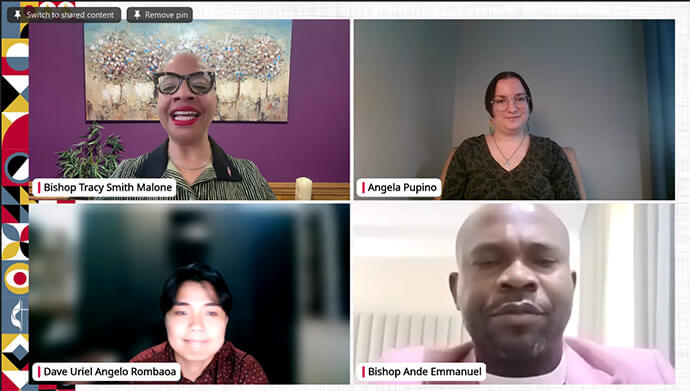 Council of Bishops President Tracy S. Malone, upper left, introduces the panelists at a March 21 webinar on “Leading Courageously.” Clockwise, they are Angela Pupino, a United Methodist youth pastor in Washington, D.C.; Bishop Ande Emmanuel, who leads United Methodists in Nigeria, Cameroon and Senegal; and Dave Uriel Angelo Rombaoa, president of the National United Methodist Youth Fellowship in the Philippines and  co-chair of the Young People's Connectional Network. Screen shot courtesy of United Methodist Communications via Zoom by UM News. 