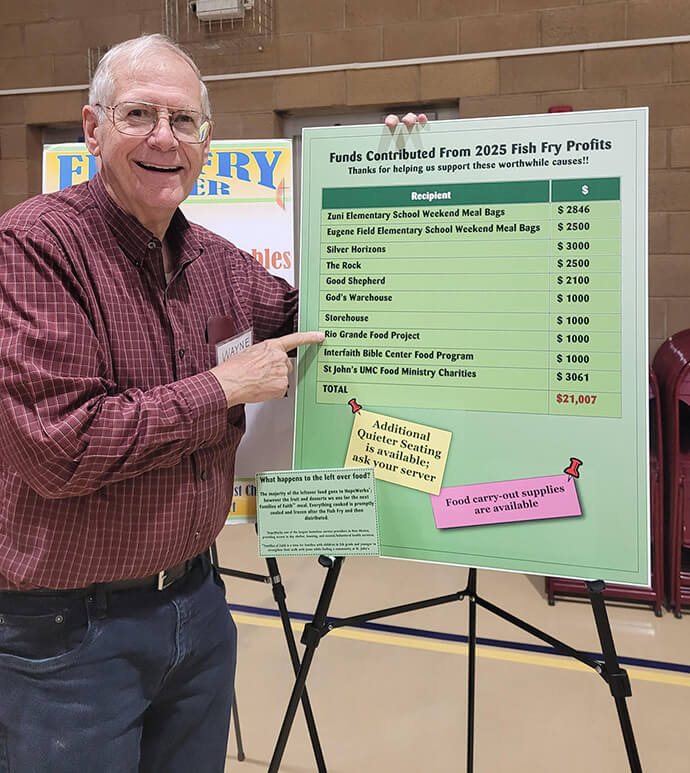 Wayne Shirley shows off the list of organizations receiving the $21,000 in profit from last year’s Lenten fish fry dinners at St. John’s United Methodist Church in Albuquerque, N.M. Shirley helped the church start its annual fish fry ministry in 2012. Photo by Joan Shirley. 