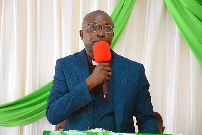 The Rev. Joseph Bleck, senior pastor of the Thiès Circuit in Senegal, delivers the sermon during the dedication ceremony for the new Temple Beth Shalom United Methodist Church in the Dakar Circuit in Diamniadio, Senegal. Photo courtesy of the Senegal District.