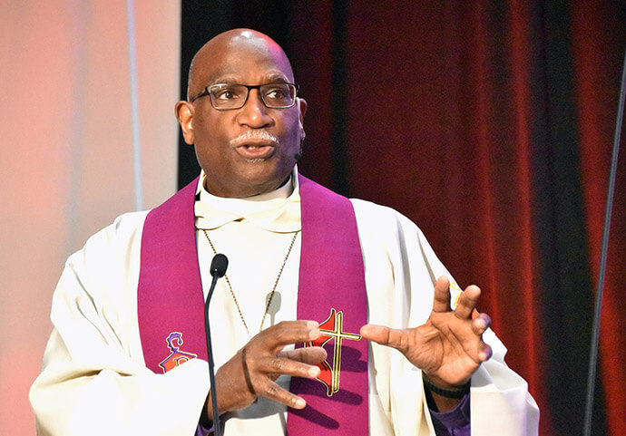 Retired Bishop Gregory V. Palmer, who serves as executive secretary of the Council of Bishops, preaches at Black Methodists for Church Renewal’s annual Communion service on the first night of the caucus’ General Meeting on March 18 in Charlotte, N.C. Photo by John W. Coleman, UM News. 