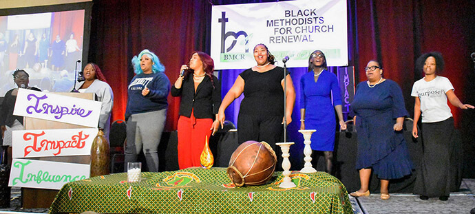 Students and faculty members of United Methodist-related Bennett College in Greensboro, N.C., sing during Black Methodists for Church Renewal’s annual Black College Fund fundraising luncheon. Members donated about $11,000 to the school. Photo by John W. Coleman, UM News. 